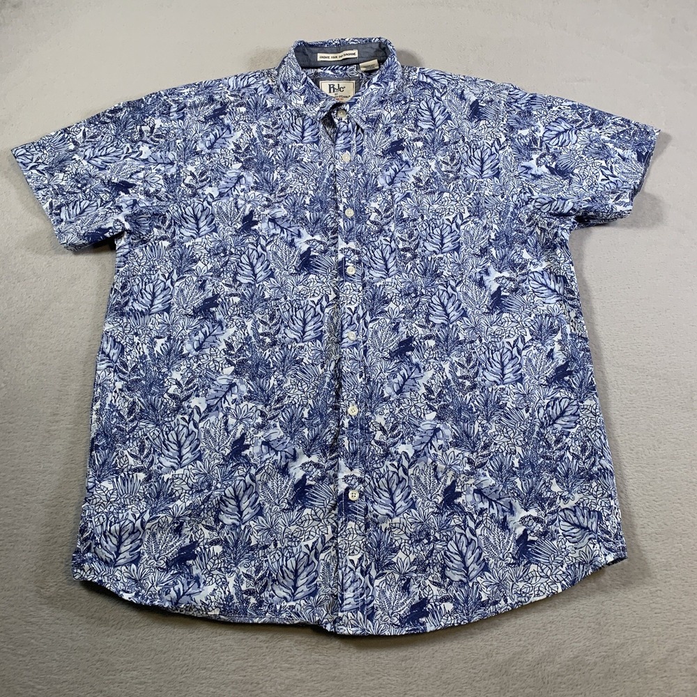 RJC Shirt Mens XL Blue Leaves Floral Rebel James Charli 100% Cotton Short Sleeve